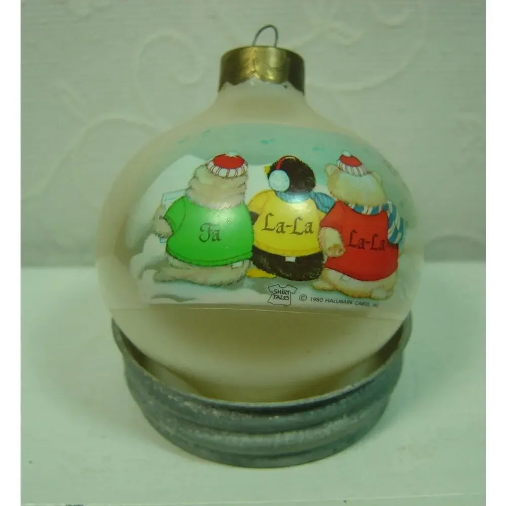 VINTAGE HALLMARK ORNAMENT-TEARDROP GLASS BALL-DECK THE HALLS SHIRT TALES-1983